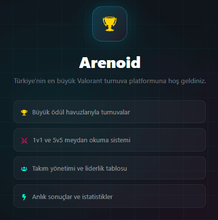 Karşılama: ödüllü turnuva, 1v1 / 5v5, takım ve anlık sonuç