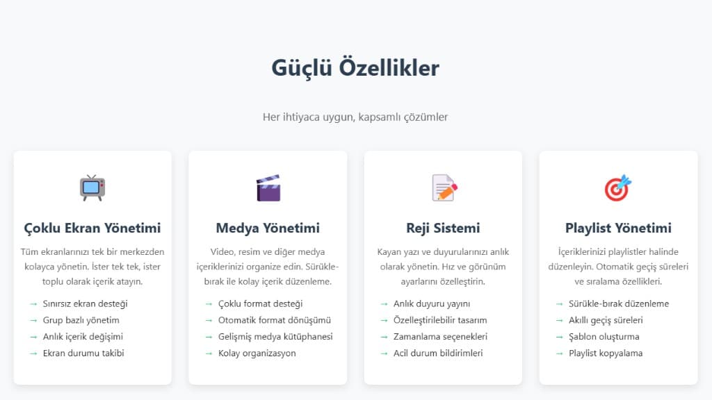 Özellikler: çoklu ekran, medya, reji ve playlist