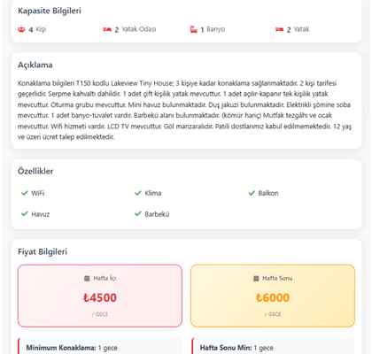 Tesis detayı: kapasite, özellikler ve hafta içi / sonu fiyatı